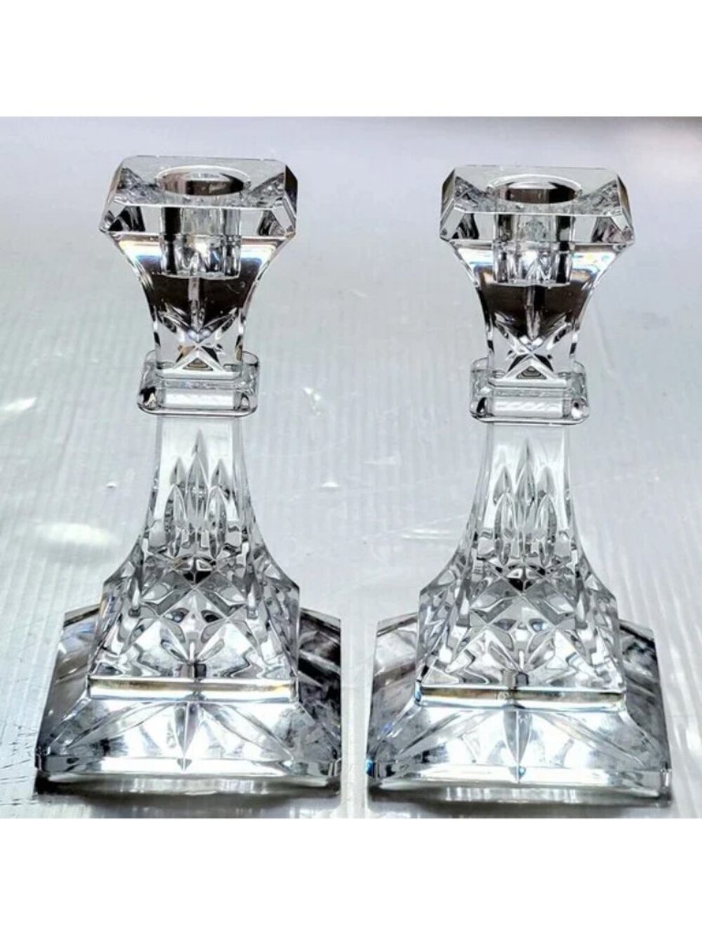 WATERFORD LISMORE CRYSTAL CANDLE HOLDER SQUARE BASE CRAFTED 6" 2 PCS SET 1060913